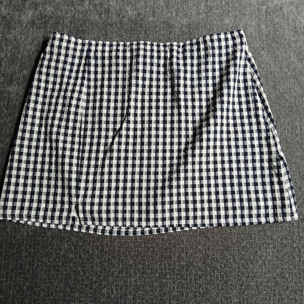 American Eagle Navy Gingham Mini Skirt Cotton Linen Blend XXL Slit Preppy
